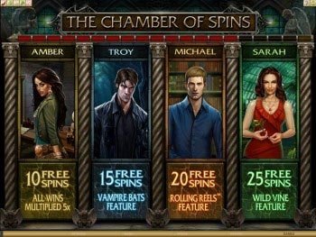 Immortal Romance Slot Chamber of Spins showing character-driven bonuses for Amber, Troy, Michael, and Sarah