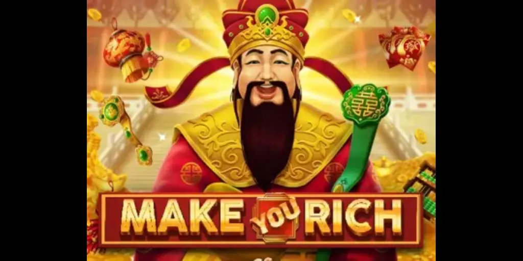 Graphic shows the main character and logo of Make You Rich Slot.